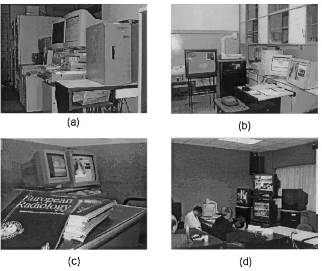 Fig. 5. (a) The information center of NTUH in Fig. 1. (b) The Teleconsultation room (I) is equipped with dual-monitor viewing station and an ATM-DS1 broadband communication channel