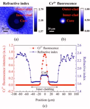 Fig. 3. (Color online) Lasing characteristics of the RT CW Cr 4+ : YAG DCF laser. Inset is the measured lasing  spec-trum at an absorbed pump power of 275 mW with the  cor-responding SMSR of 50 dB.