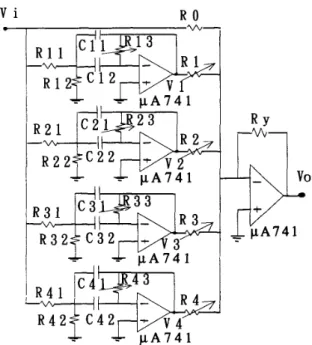 Figure  1:  The  circuit  used  to realize  H(jw)  of  eq(3)  for  N=4.  1  h V   1  b V   0  em  0  (rv  0  c v   0  h V   0  0.v  F r q u c n e y  