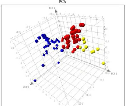 Figure 4B  Non-hierarchical clustering result of group X (yellow), Y (blue), and Z (red)  genes.