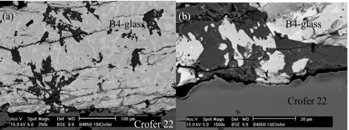 Fig. 2.13 SEM cross-section images of B4-glass joint with Crofer 22 at 650 o C with 10  hr heat-treated