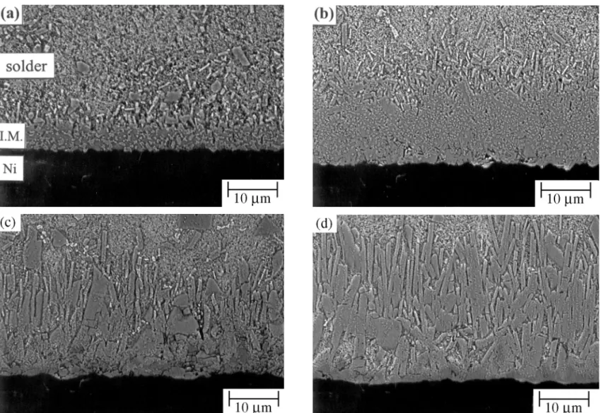 Fig. 5. Morphology of the intermetallic compounds formed during the interfacial reactions between liquid Sn-20In-2.8Ag solder and Ni sub- sub-strates for 60 min at various temperatures: (a) 250°C, (b) 275°C, (c) 300°C, and (d) 325°C.