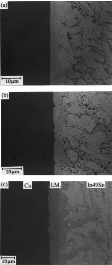 Fig. 4. Typical morphology of intermetallic compounds formed at In- In-49Sn/Cu interfaces after soldering reactions at various temperatures for 120 min: (a) 200°C, (b) 300°C, and (c) 400°C.
