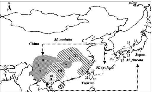 Fig. 1. Sampling localities of Macaca mulatta, M. fuscata and M. cyclopis. (1) Anhui, (2) Zhejiang, (3) Fujian, (4) Henan, (5) Hubei, (6) Hunan, (7) Guiz- Guiz-hou, (8) Sichun, (9) Yunnan, (10) Guangxi, (11) Hainan, (12) Vietnam, (13) Hakusan, (14) Takaham