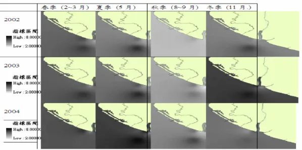 圖 6.2  高屏海域水質狀態之時空變化圖  七、  結語  國內三大流域之環境永續發展知識庫的內涵可以視為一種追求台灣整體環境永 續發展資料庫建置之嘗試。以三大流域所有環境相關的資料、資訊為根本，經由有效 的管理與整合，成為有系統的知識工具--資料庫，並透過資訊的詮釋與相關技術平台， 而呈現出具有環境監測能力與評估永續指標的完善系統-資訊系統。藉由三大流域環境 資料庫的建立與綜合內容的整合成籍，能有效地、系統化地整合所蒐集與環境相關的 大量資料與資訊，既可加速國內各環境相關資料庫之整合，配合全國性行政資訊