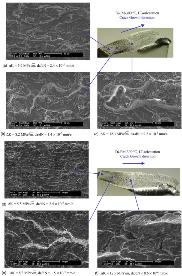 Fig. 14. Fatigue fracture surfaces at 300 v C of T6-IM alloy (a) U¼ 0:82, (b) U¼ 0:78, (c) U¼ 1:0 and T6-PM alloy (d) U¼ 0:97, (e) U¼ 0:98, (f) U¼ 1:0.
