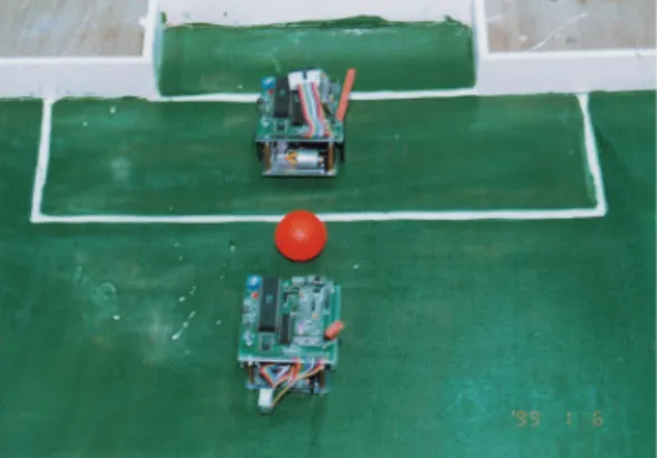 Fig. 16. Two robots playing a one-to-one soccer game.