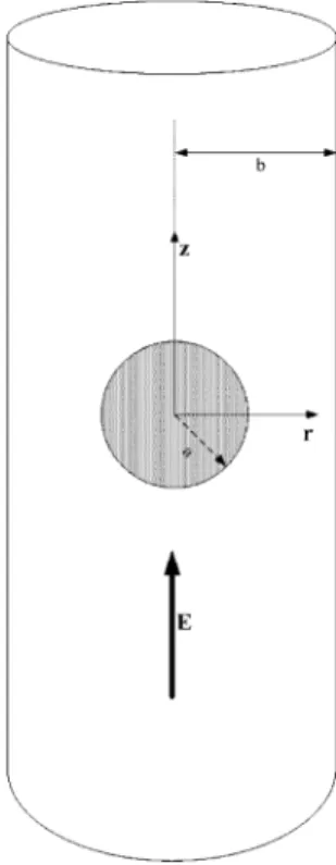 Figure 1. Schematic representation of the problem considered where a sphere of radius a is placed on the axis of a long cylindrical pore of radius b
