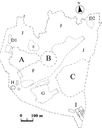 Fig. 1. Fu-Der-Kan closed landﬁll (37 ha) was reconstructed a multi-use recreational park: (A) country activity area (2.6 ha), (B) Sun plaza (1.4 ha), (C) culture of indigenous people’s area (5 ha), (D1) and (D2) slightly lake, (E) boating area (0.8 ha), (