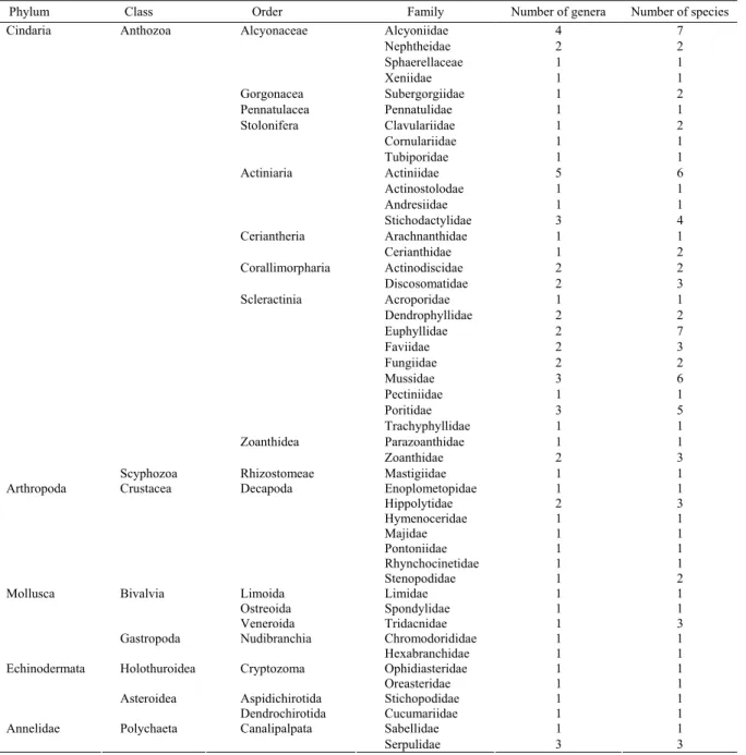 Table 2. Taxonomic composition of the imported marine ornamental invertebrate species recorded from March 2004 to February 2005 in  Taiwan
