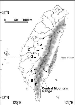 Fig. 1. Distribution map of C.  sinensis f. formosensis based on  authors' samples and materials from TAI, TAIF and PPI herbaria