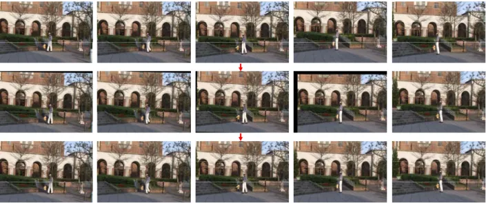 Fig. 11: Top row: Five frames of the original video. Middle row: Stabilized frames. Black areas show the missing  areas of the frames