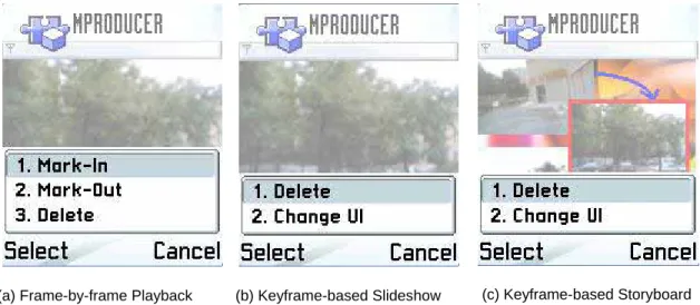 Figure 10: Screen shots for three editing user interfaces on smart phones 