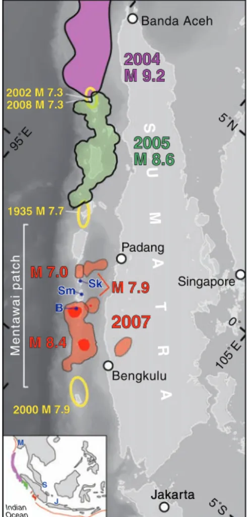 Fig. 1. Recent seismic ruptures of the Sunda megathrust, offshore of Sumatra, delineate highly coupled large (pink, green, and orange) and  weak-ly coupled small (yellow) patches
