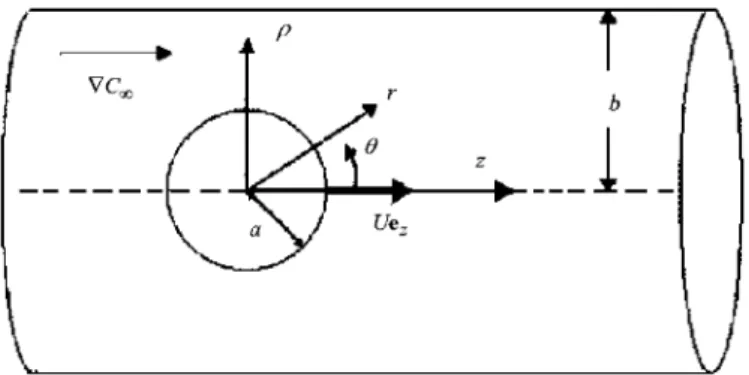 Fig. 1. Geometrical sketch for the diffusiophoresis of a colloidal sphere along the axis of a long circular cylindrical pore.
