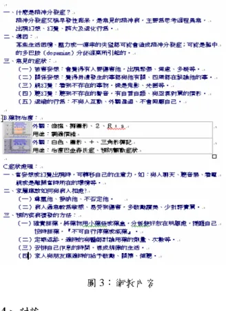 圖 3：衛教內容  4、 討論  在本系統的建置中，各類評估項目的資料皆須人工輸 入，需要花費較多時間，未來若能與醫院資訊系統整 合，直接讀取本系統所需之資料，例如：病人所服用 的藥物、醫療檢驗數值等，除可減少時間的浪費，也 可維持資料的正確性，減少人為的操作錯誤！還有， 因為文件內容有藥物資訊圖片，需要有彩色印表機等 設備來建立文件，因此如何在耗材成本與衛教效益間 取得平衡也是另一個重要的課題。  口述衛教加上衛教資料常能使衛教達到較好之成果 [3]，而一份無法瞭解的衛教資料往往是造成病人不遵 從的重要原