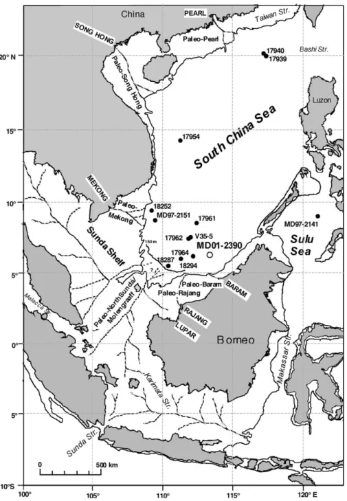 Fig. 1. Map of the South China Sea showing the location of core MD01-2390. The locations of other cores discussed in the text are also indicated (solid dots): 17939, 17940, 17954, 17961 and 17964 (Wang et al, 1999; Pelejero et al., 1999a,b, Wang, 2000); 17
