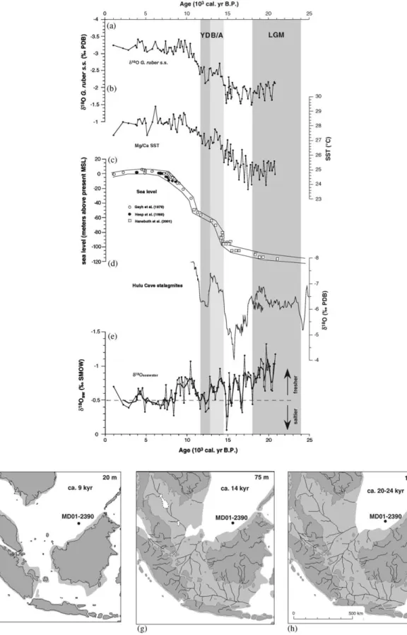 Fig. 4. Inferred paleo-d 18 O seawater record of core MD01-2390. (a) Oxygen isotope data; (b) Mg/Ca–SST estimates; (c) estimated sea-level curve for the Sunda Shelf region compiled from Geyh et al