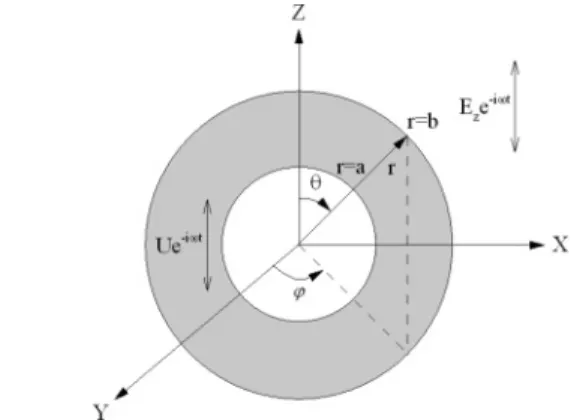 Figure 1. Illustration of the problem considered in which an electrolyte-free, Newtonian droplet of radius a is located at the center of a spherical cavity of radius b