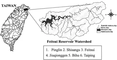 Fig. 3. Sub-watersheds and the distribution of rainfall stations in the Feitsui reservoir watershed.