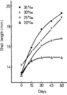 Fig.  3.  Growth  of  juvenile  abalones  in  four  different  salinities  at  26°C  for  60  days 