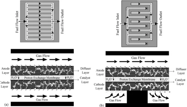 Fig. 1. The physical schematic diagrams of the fuel flow within the PEM fuel cell with different flow fields: (a) conventional flow field and (b) interdigitated flow field.
