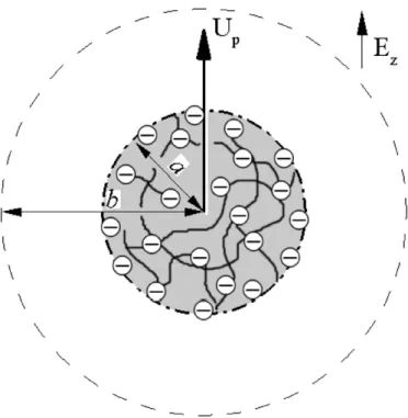 Fig. 1. Configuration of the concentrated suspensions of porous spheres. The radius of particles a and b is the virtual cell boundary, which relates to the crowdness of porous particles
