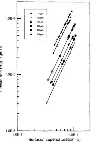 Figure  3.  Growth  rate of  crystal  sizes  as  a  function  of  interfacial supersaturation