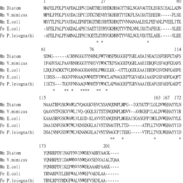 Figure 2 shows that four residues (H-27, H-76, D-163, and H-167) which are required to coordinate the metal are conserved in all reported Fe/Mn-SODs (V