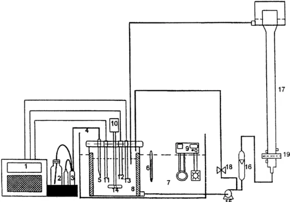 Fig. 4. A pH-stat crystallization system. (1) pH and temperature indicator, (2) reagent bottle, (3) pumping system of reagent, (4) reagent delivering line, (5) burette, (6) thermometer, (7) water bath, (8) storage tank, (9) temperature controller, (10) mot