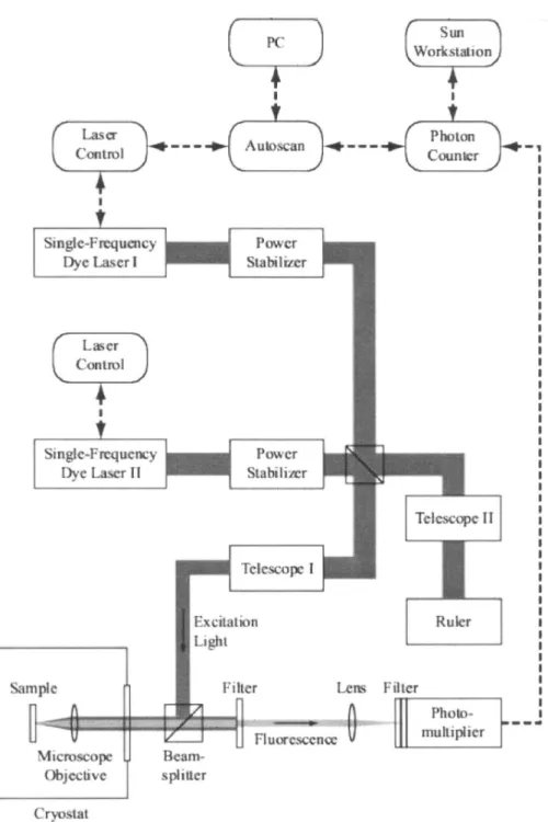 Fig. 14. Experimental setup for the observation of the vibronic transitions in single molecules