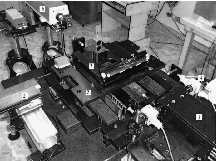 Fig. 15. Photo of the experimental set-up (1: LDS head unit, 2: LDS4, 3: Optical reflection device, 4: Quadrant photo detector, 5: X-Y stage, 6: HP5528A interferometer).