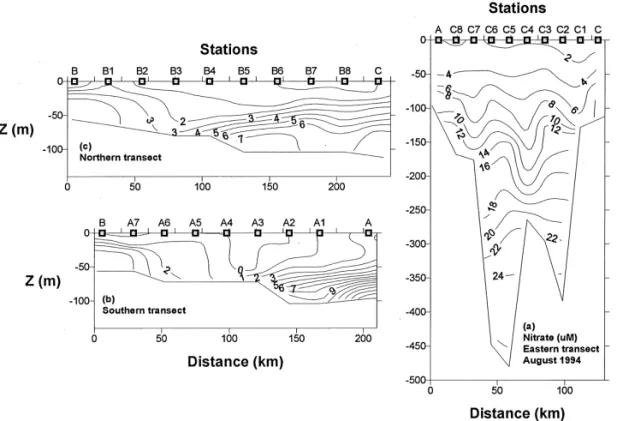 Fig. 9. Vertical section of phase-averaged distributions of nitrate on the eastern (a), southern (b) and northern (c) transects on the summer cruise.