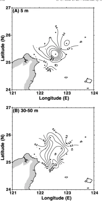 Fig. 7. Horizontal distributions of PCd (ng/l) in (A) the surface water (5 m) and (B) the subsurface water (30 – 50 m) over a cyclonic eddy in the southern East China Sea.