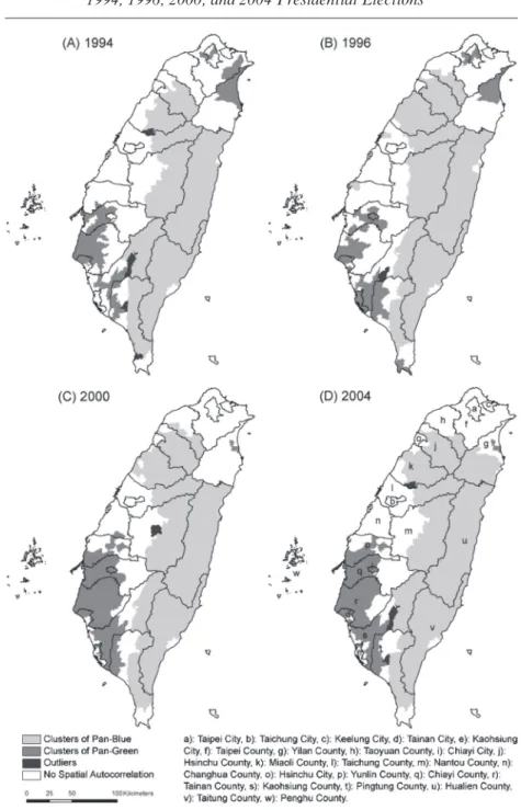 figure   1   Regional Differentiation of Electoral Behavior in Taiwan’s  1994, 1996, 2000, and 2004 Presidential Elections