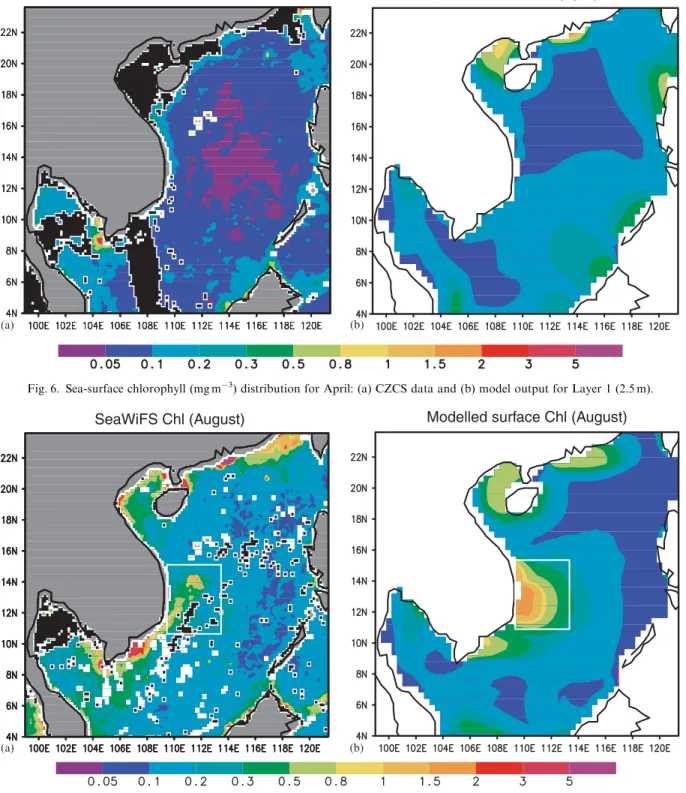 Fig. 6. Sea-surface chlorophyll (mg m 3 ) distribution for April: (a) CZCS data and (b) model output for Layer 1 (2.5 m).