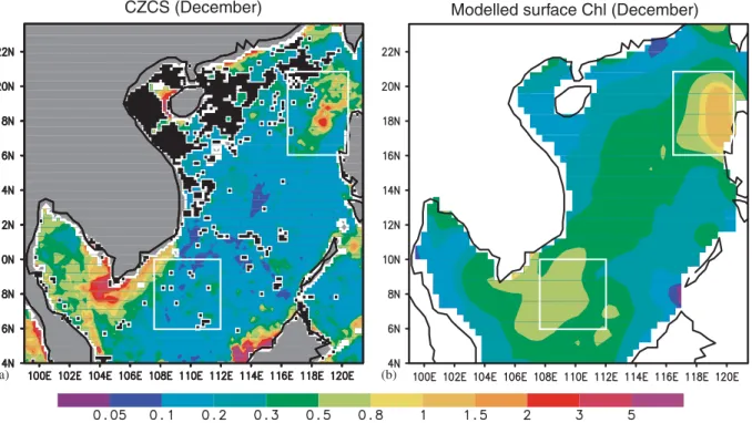 Fig. 9. Same as Fig. 6 except for December. Rectangles off northwest Luzon and southeast of Vietnam are upwelling areas (L and S) discussed in the text.
