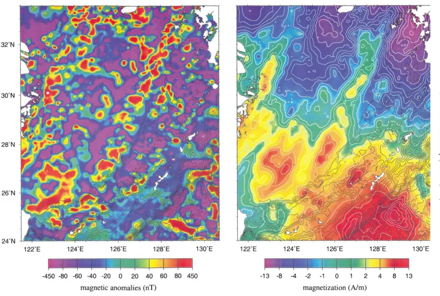 Fig. 4. (a) (Left) Magnetic anomalies of the study area (Magnetic Anomaly Map of East Asia, 1994)