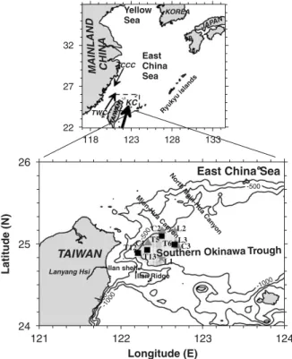 Fig. 1. Location map for four arrays of sediment traps (indicated by solid squares) deployed at the southwestern-most Okinawa Trough (SOT) with the East China Sea shelf to the north