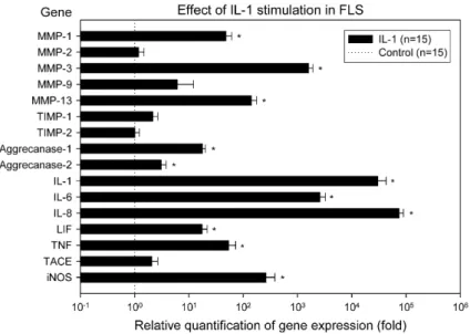 Fig. 4. Effect of IL-1 (1 ng/ml) stimulation on gene expression in FLS. Values are expressed in fold in comparison with control group after normalization to housekeeping gene