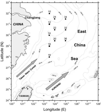 Fig. 1. Sampling sites on the East China Sea Shelf. Solid circles denote collection of both seawater and sediment samples; solid squares denote collection of water samples only