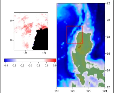 Fig. 8. Correlation coefficient (r) between wind stress curl and chl-a for 2004 (left image).Colored  areas represent areas where lrl &gt; 0.5