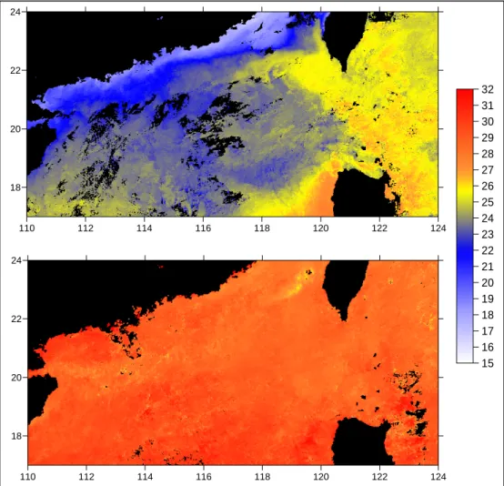 Fig. 4. Sea surface temperature (SST) for December 2003 (above) and June 2004  (below)  expressed in degree Celcius ( O C).