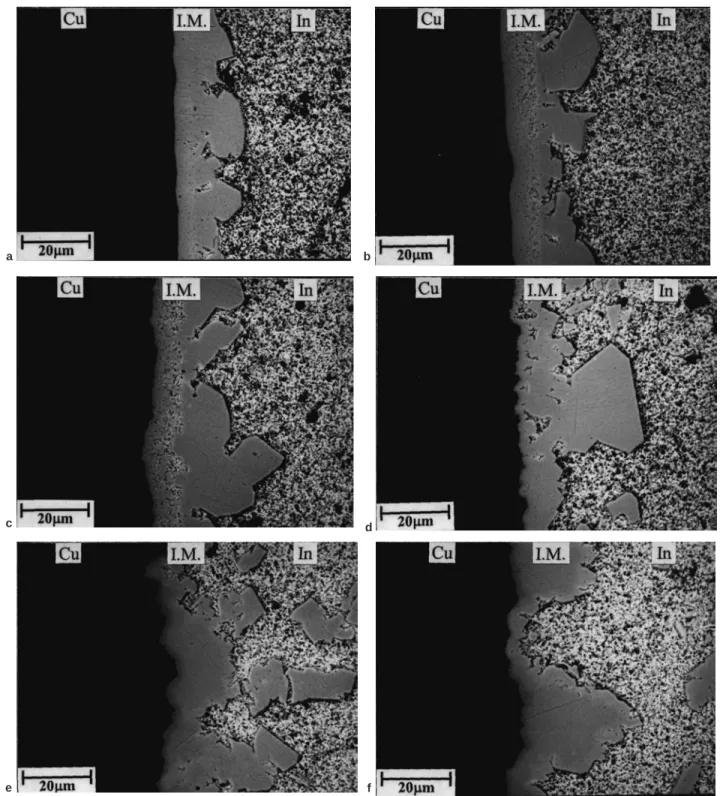 Fig. 4. Microstructures of intermetallic compounds after Cu/In interfacial reactions at various temperatures for 120 min: (a) 175°C, (b) 200°C, (c) 250°C, (d) 300°C, (e) 350°C, and (f) 400°C.