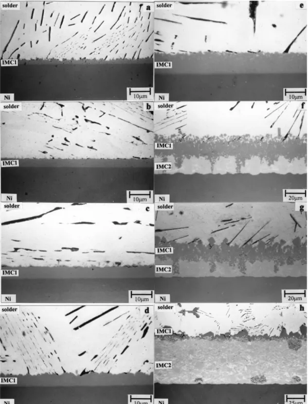Fig. 2. The SEM micrographs of the intermetallic compounds formed at Sn-8Zn-3Bi/Ni interface after soldering reactions at various tempera- tempera-tures for 120 min: (a) 225°C, (b) 250°C, (c) 275°C, (d) 300°C, (e) 325°C, (f) 350°C, (g) 375°C, and (h) 400°C