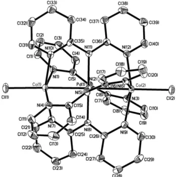Figure 1. ORTEP view of the molecular structure of 1 (50 % probabil- probabil-ity). Selected interatomic distances (averaged): CoPd 2.52, CoCl 2.34, CoN 2.16, PdN 2.01 /.
