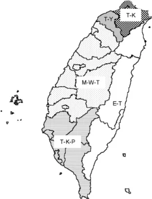 Fig. 9. Five proposed air-quality basins over Taiwan.