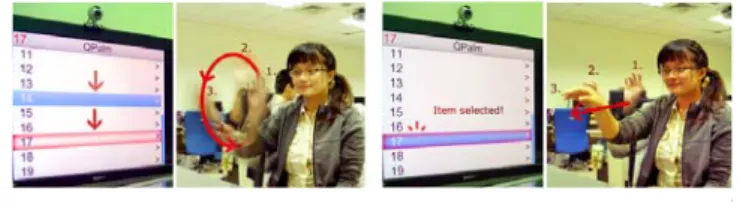 Fig. 1.  This figure indicates the interface of QPalm. A circular motion makes the highlighted item scroll up and down, while a push motion triggers the choosing function