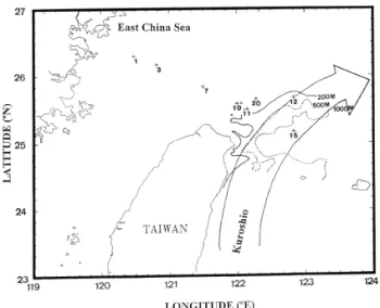 Fig. 1. Localities of stations of Ocean Research I cruise 416 in April 1995 with depth contours of 200, 500, and 1000 m.