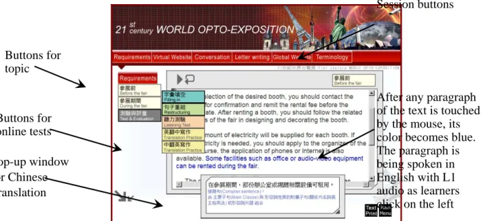 Figure 1: Bilingual button design for selecting sections with their learning topics    and units, shown on the main page of the courseware 